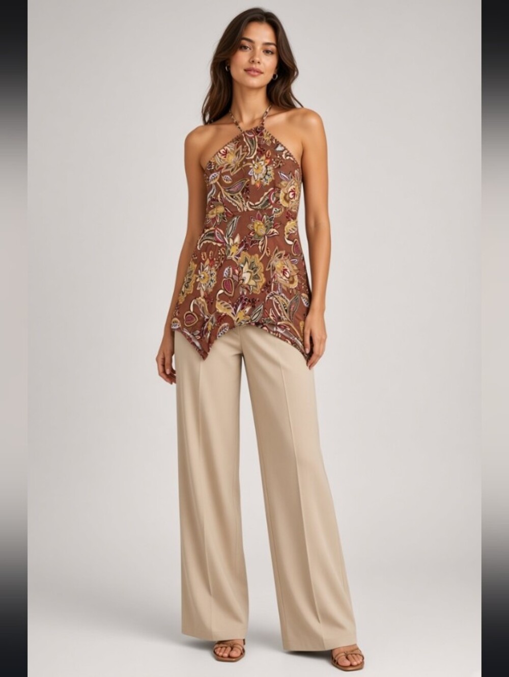 NWT Remplie Floral Asymmetrical Halter Top  with Brown & Gold Accents Size Med